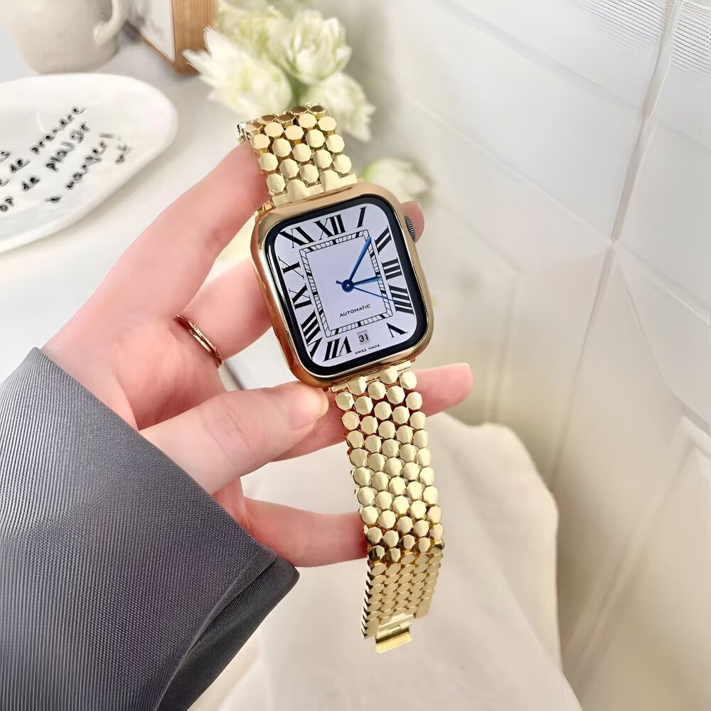 Apple Watch Band Adjustable Stylish Strap Silver Stainless Watch Band - Gold